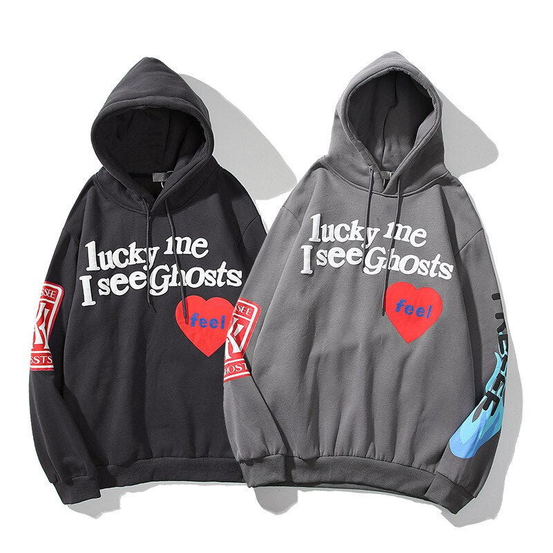 Harajuku Weirdo Graffiti Letter Printed Hoodies Men 2022 Lucky Me I See Ghosts Mens Hooded Sweatshirt Fleece Pullover Streetwear