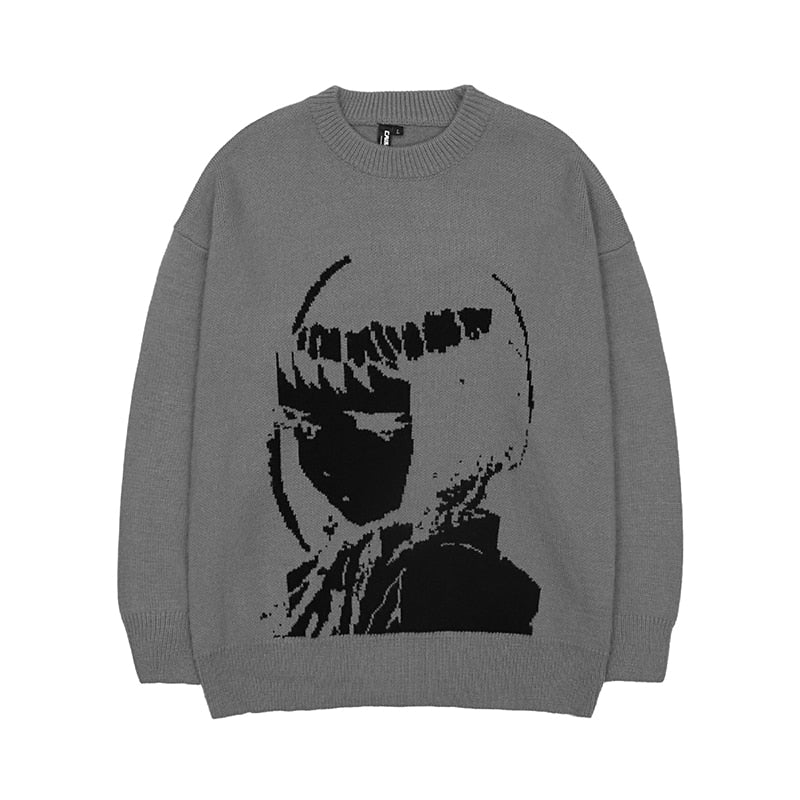 Harajuku Handsome Pullover Sweater Oversized Japanese Anime Cartoon Style Men and Women Print Knitted Sweater Long Sleeves Tops