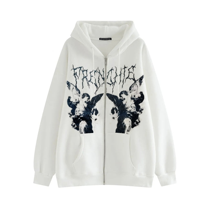 2021 Women Hip Hop Streetwear Hoodies Autumn Winter Angel Print Jacket Coat Goth Harajuku Y2K Zipper Outwear Oversized Hoodies