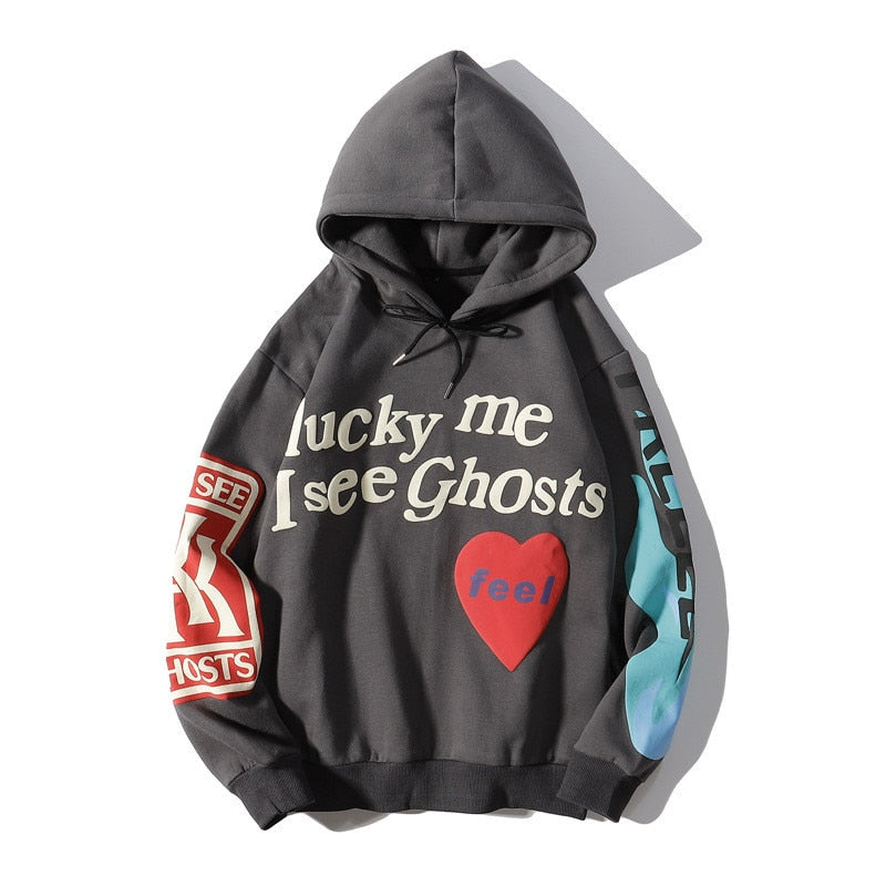 Harajuku Weirdo Graffiti Letter Printed Hoodies Men 2022 Lucky Me I See Ghosts Mens Hooded Sweatshirt Fleece Pullover Streetwear