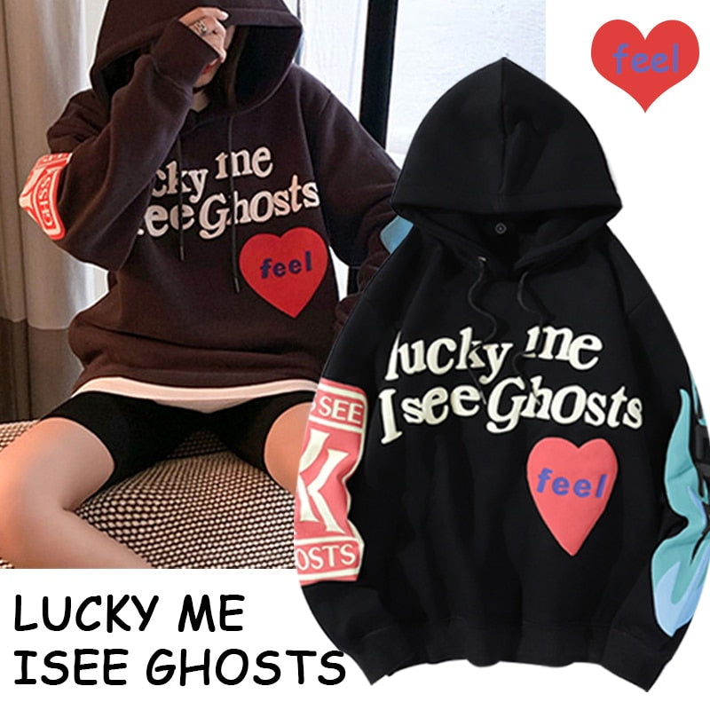 Harajuku Weirdo Graffiti Letter Printed Hoodies Men 2022 Lucky Me I See Ghosts Mens Hooded Sweatshirt Fleece Pullover Streetwear