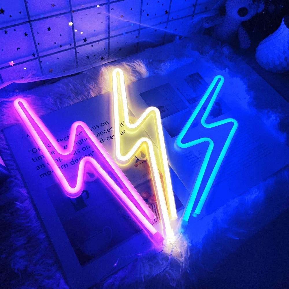 LED Home Neon Lightning Shaped Sign Neon Fulmination Light USB Decorative Light Wall Decor for Kids Baby Room Wedding Party