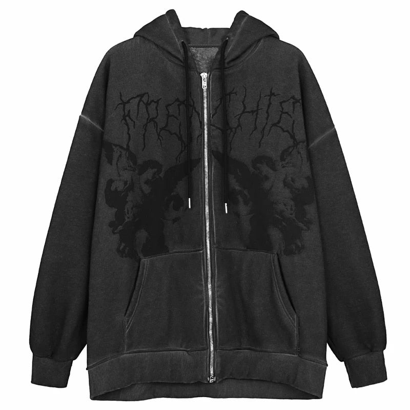 2021 Women Hip Hop Streetwear Hoodies Autumn Winter Angel Print Jacket Coat Goth Harajuku Y2K Zipper Outwear Oversized Hoodies