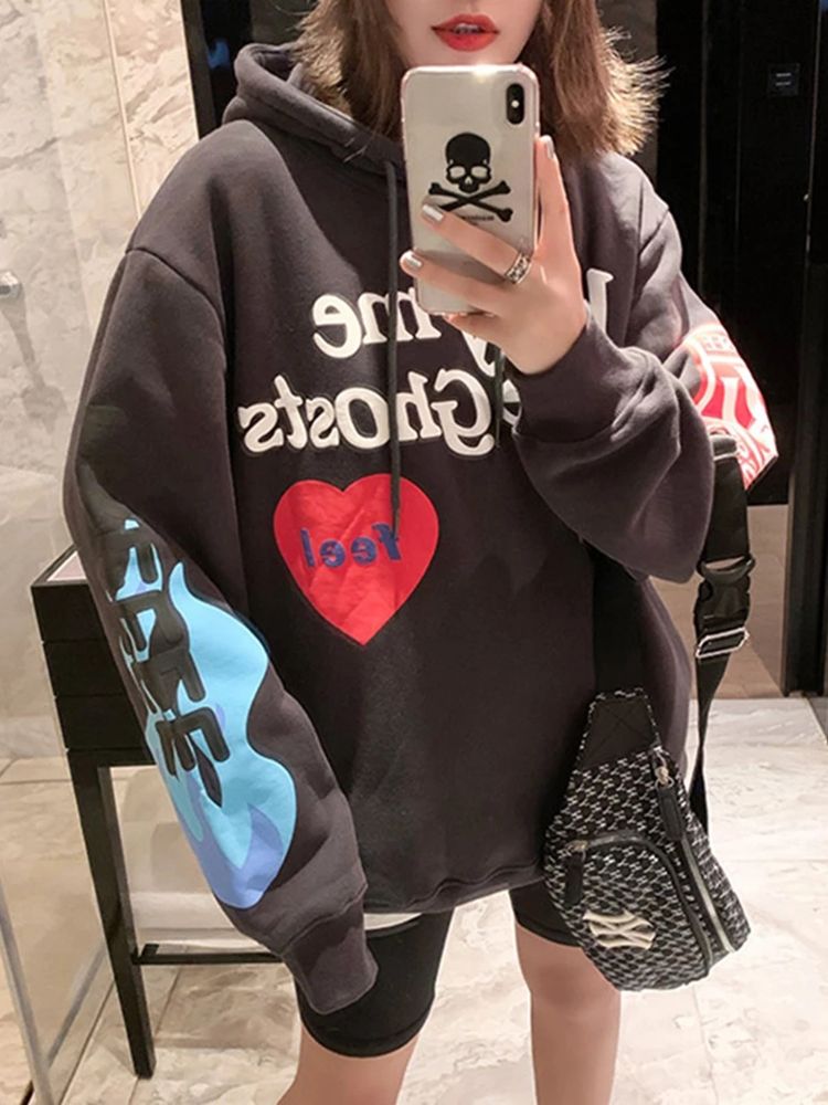 Kanye West Graffiti Letter Print Plus Velvet Sweatshirt Men And Women Harajuku Fleece Hoodie Hip Hop Stranger Things Hooded