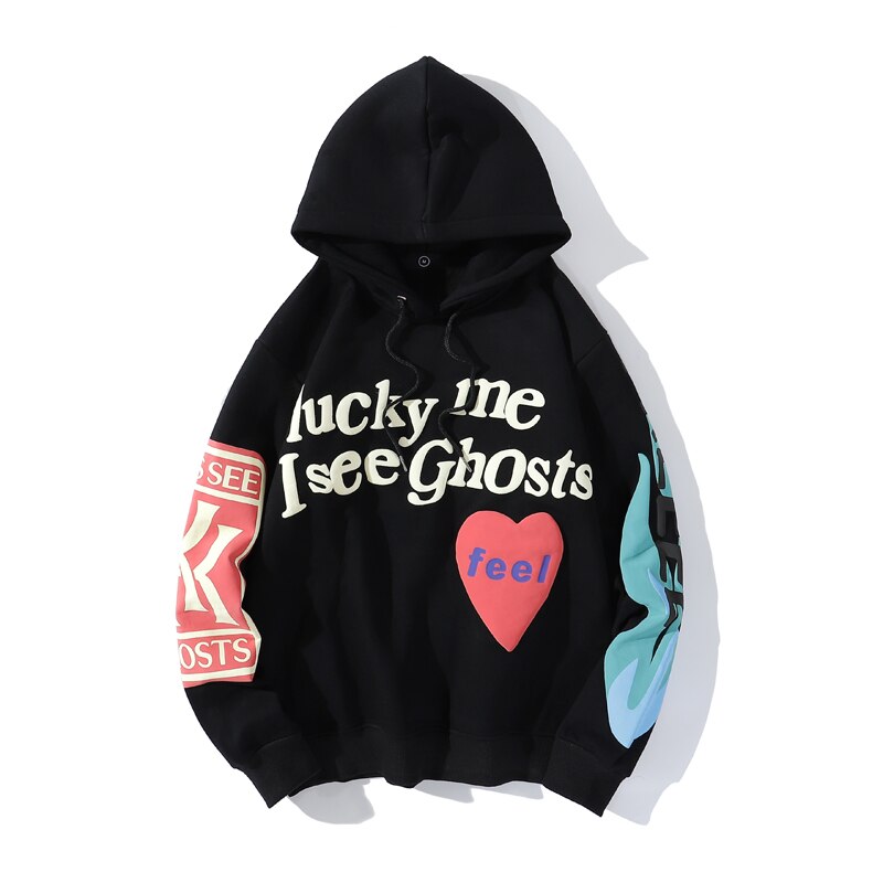 Harajuku Weirdo Graffiti Letter Printed Hoodies Men 2022 Lucky Me I See Ghosts Mens Hooded Sweatshirt Fleece Pullover Streetwear