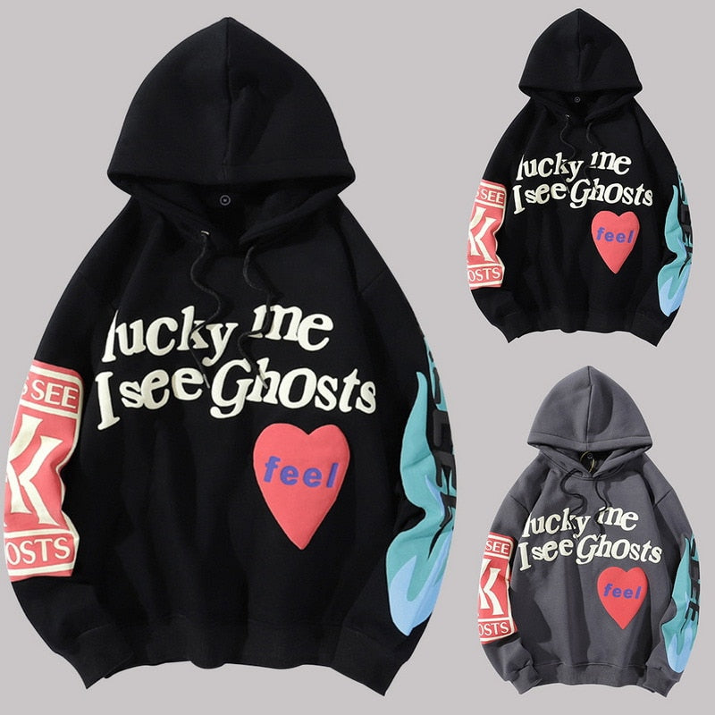 Harajuku Weirdo Graffiti Letter Printed Hoodies Men 2022 Lucky Me I See Ghosts Mens Hooded Sweatshirt Fleece Pullover Streetwear